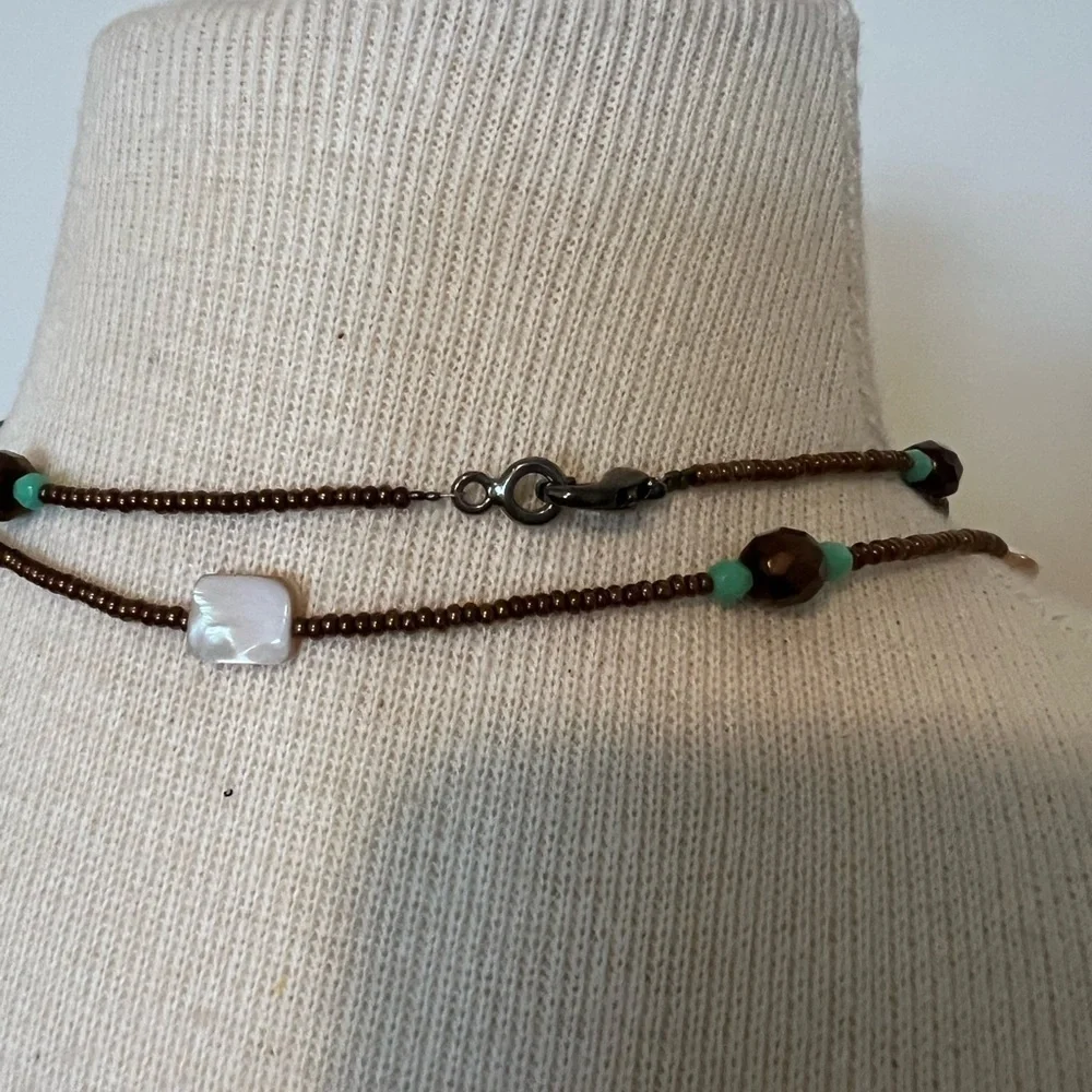 Brown, Teal and Tan/Cream Beaded Necklace.